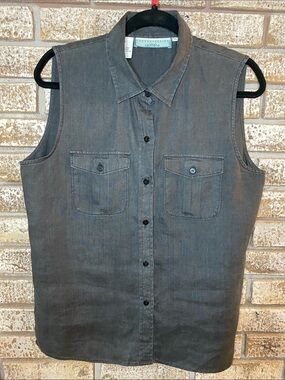 Contemporary Simmons Sleeveless 100% Linen Button-Front Shirt Charcoal Black